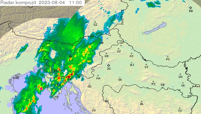 Radarska slika nevremena nad Istrom i Slovenijom u 11 sati